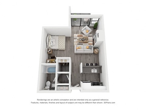 Floor plan for studio, 1 bath, 613 sqft